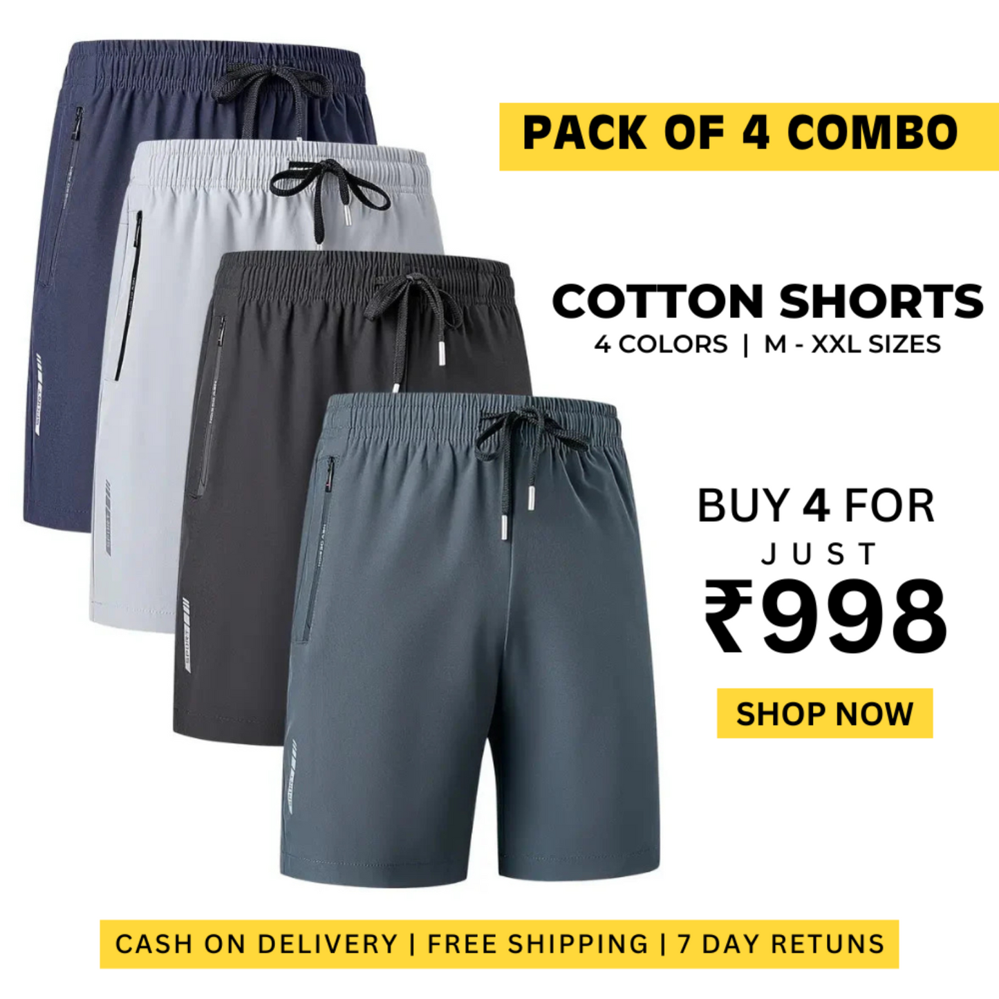 Men's Trendy Stretchable Cotton Shorts (Pack of 4)