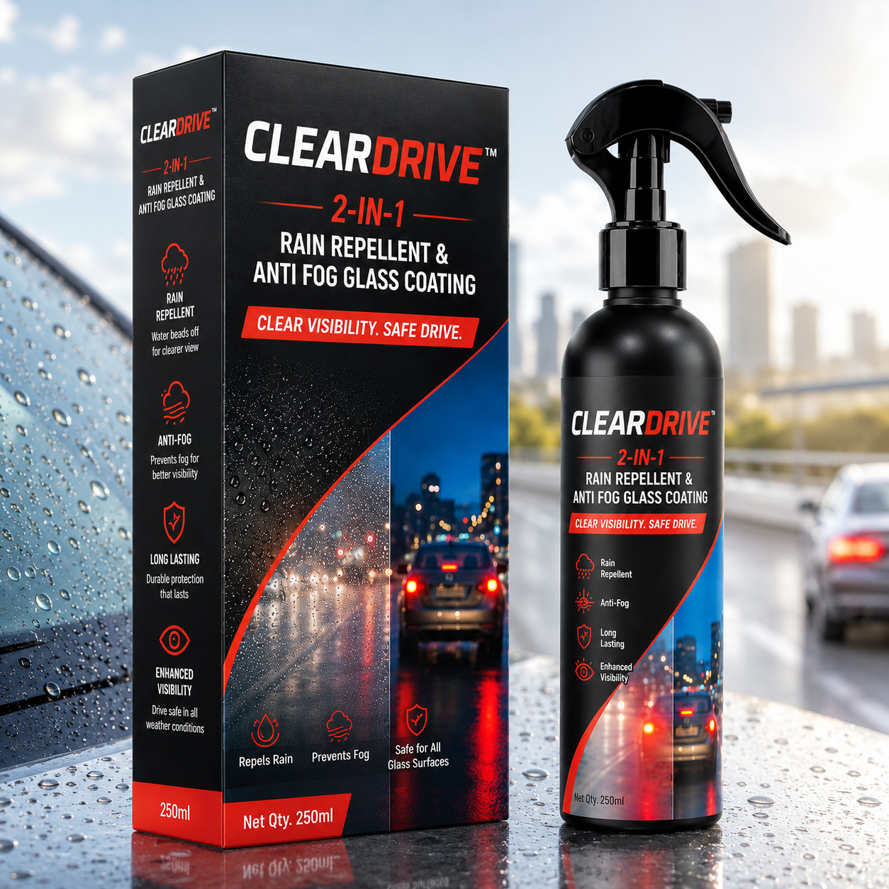 CLEARDRIVE™ 2-in-1 Rain Repellent & Anti Fog Glass Coating (Pack of 2)