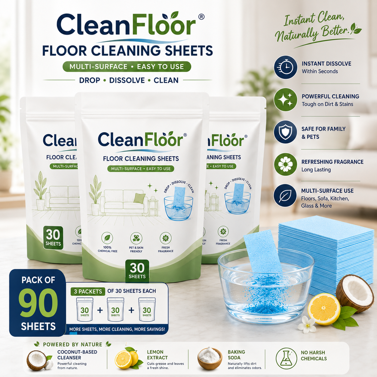 CleanFloor Floor Cleaning Sheets (Pack of 30/60/90)