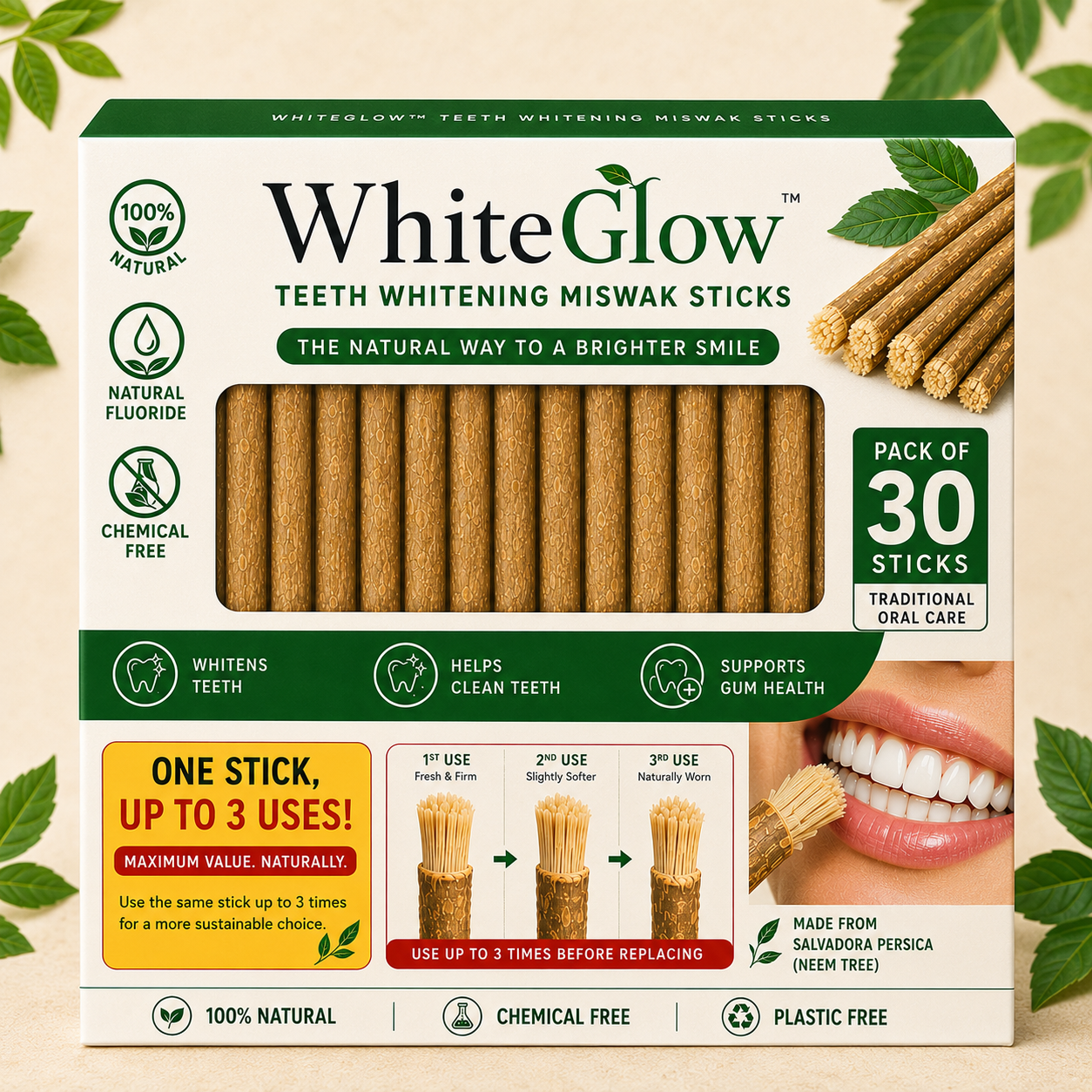 WhiteGlow™ Teeth Whitening Miswak Sticks (Pack of 10/20/30)