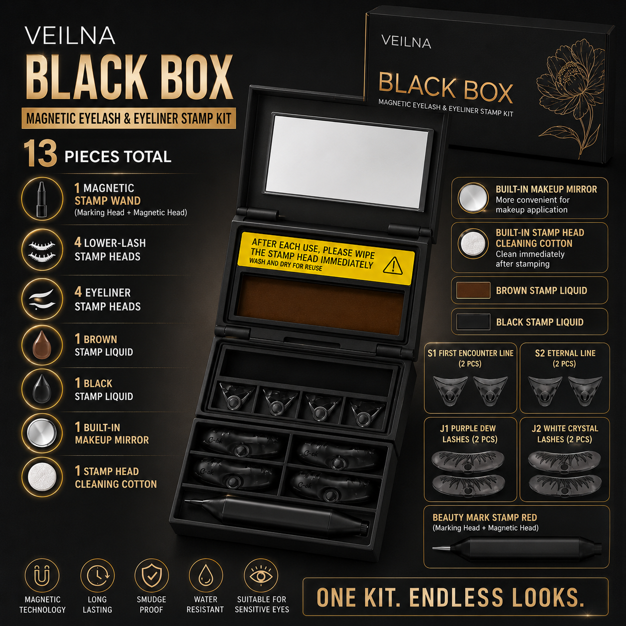 VEILNA™ BLACK BOX - Magnetic Eyelash & Eyeliner Stamp Kit