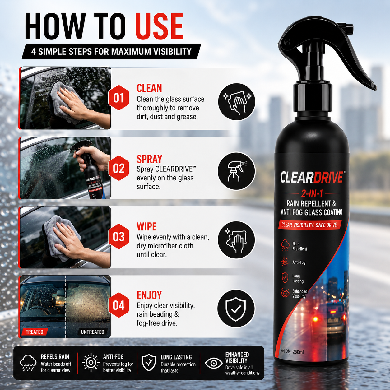 CLEARDRIVE™ 2-in-1 Rain Repellent & Anti Fog Glass Coating (Pack of 2)
