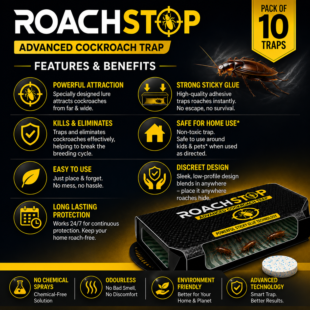 ROACHSTOP™ Advanced Cockroach Trap (Pack of 5/10/15)