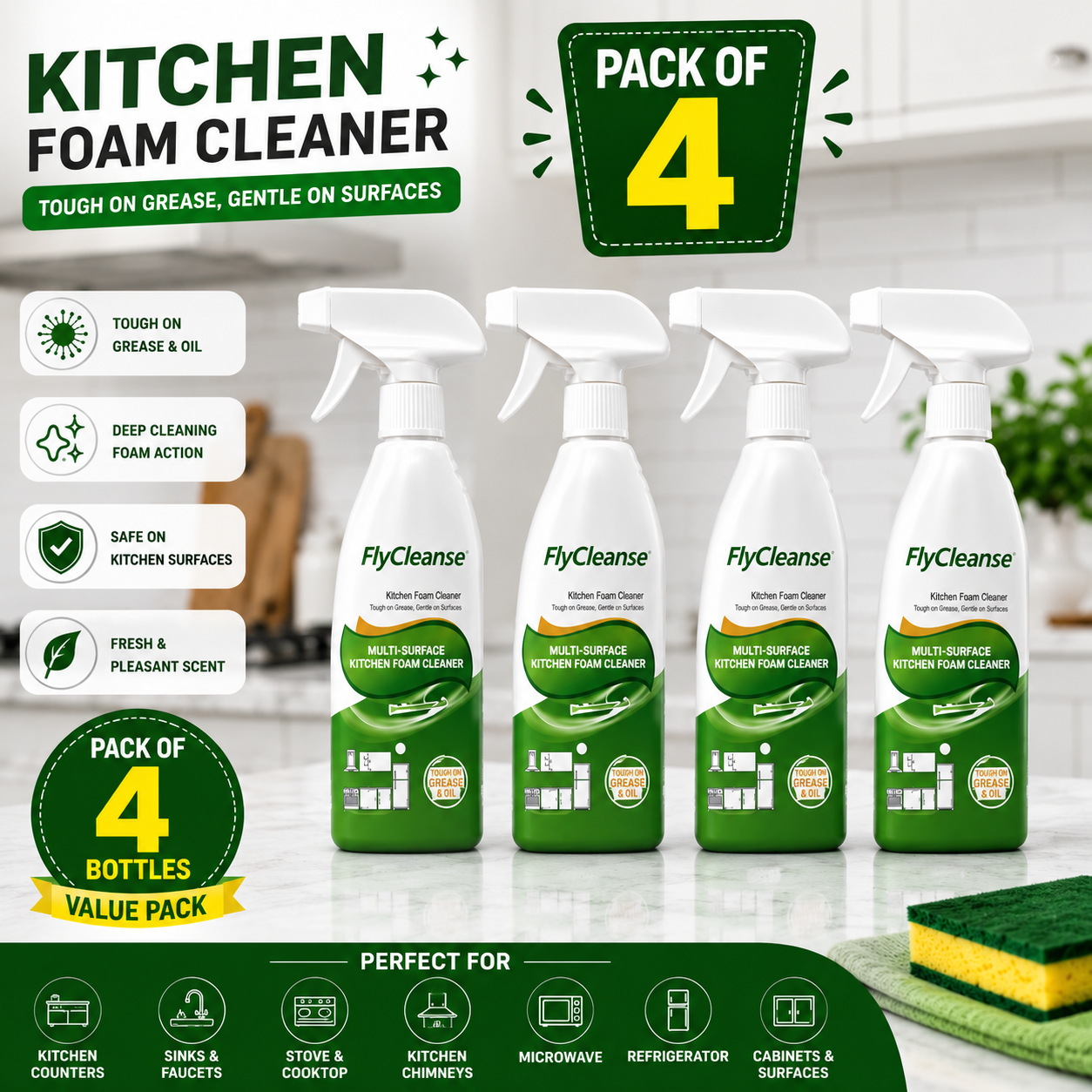 FlyCleanse™ | Kitchen Foam Cleaner (Pack of 4)