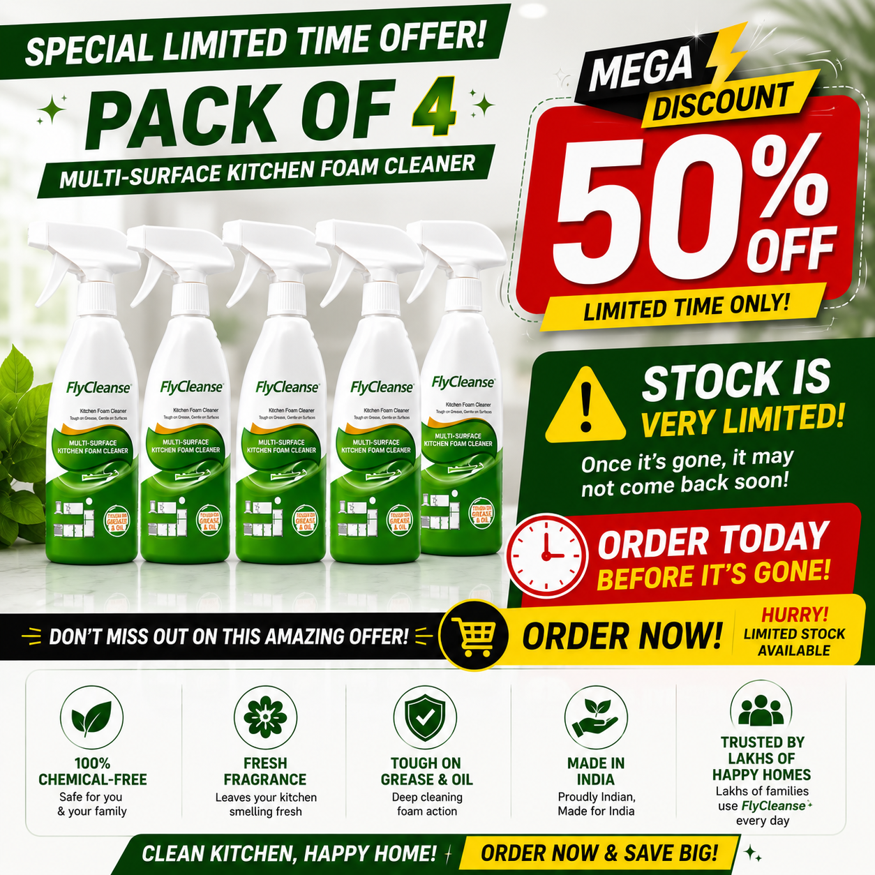 FlyCleanse™ | Kitchen Foam Cleaner (Pack of 4)