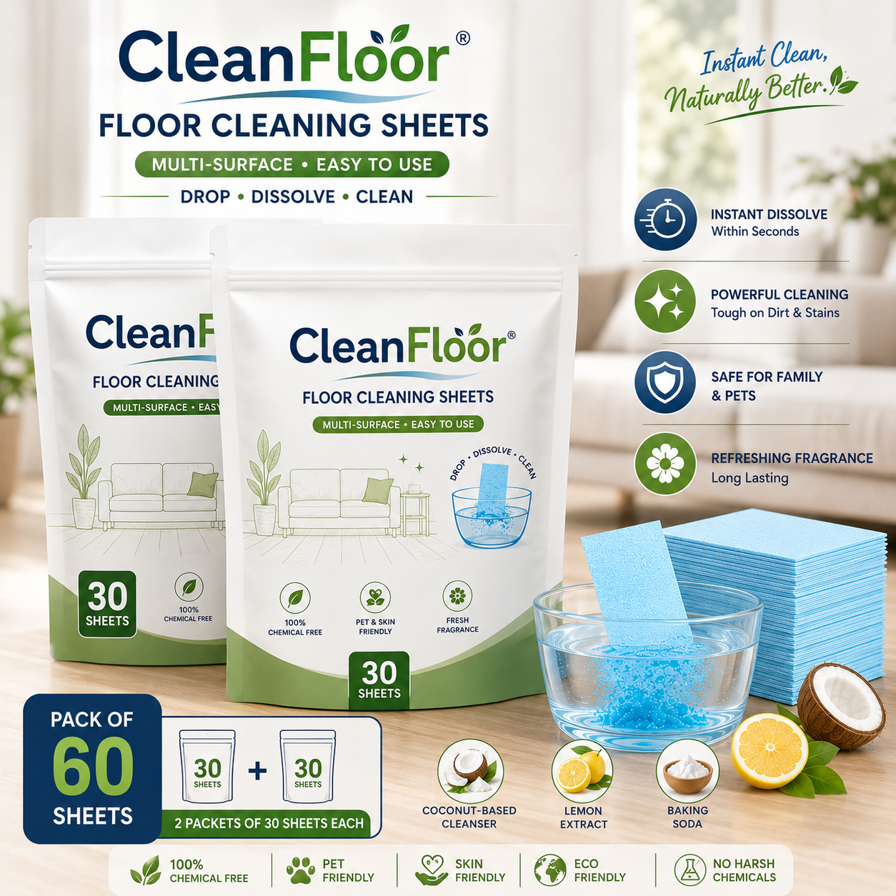 CleanFloor Floor Cleaning Sheets (Pack of 30/60/90)
