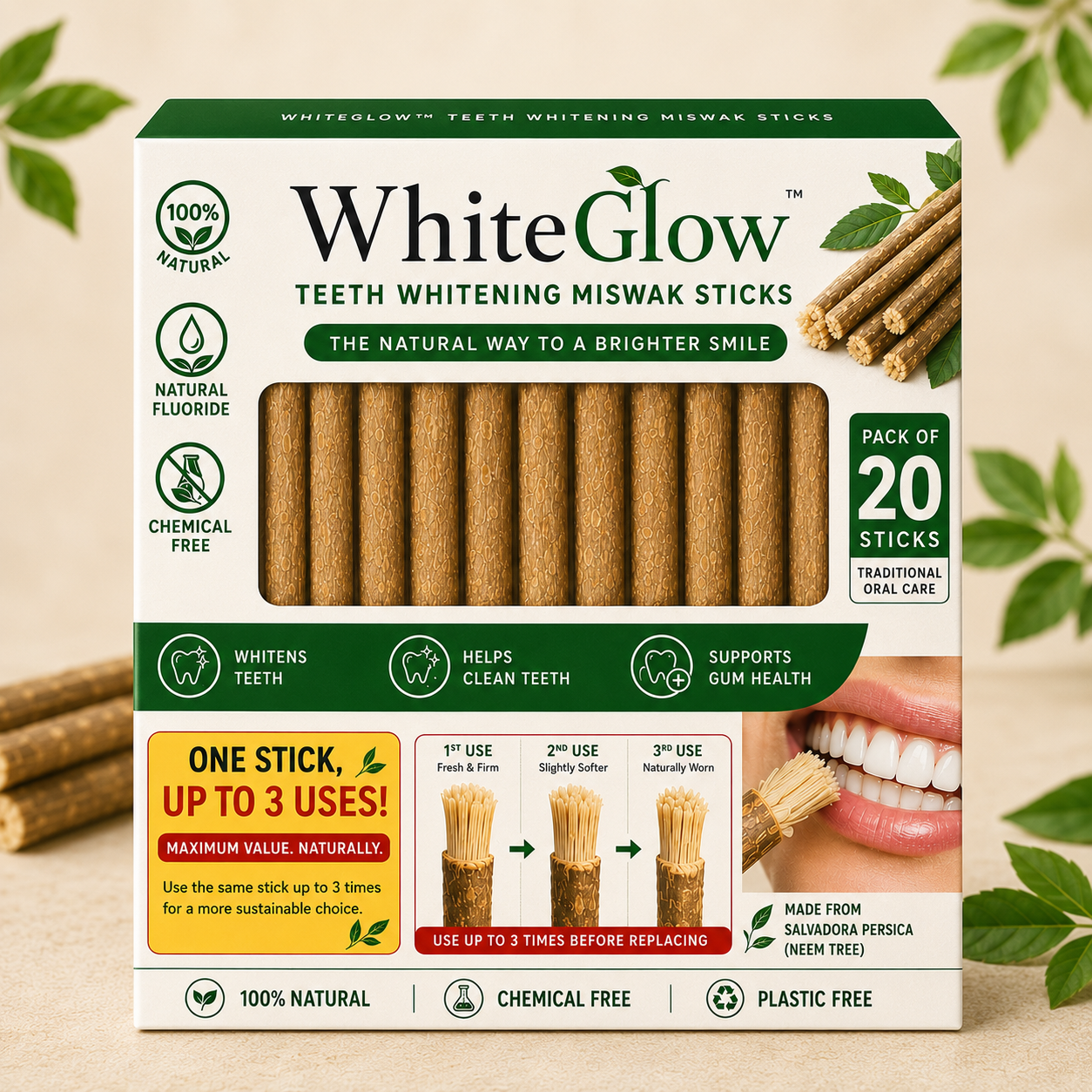 WhiteGlow™ Teeth Whitening Miswak Sticks (Pack of 10/20/30)